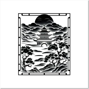 Eternal Serenity: A Monochrome Japanese Landscape Posters and Art